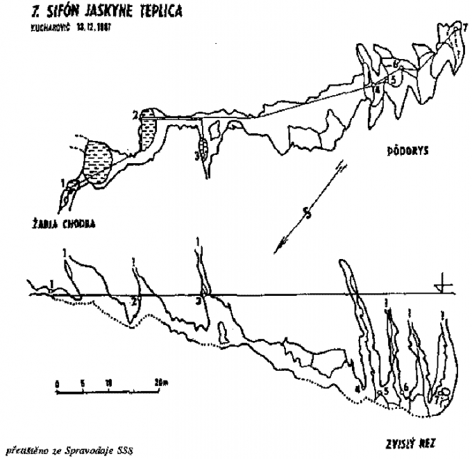 Pamäťový náčrt záverečného sifónu z roku 1987 – Jozef Kucharovič. © 1987 Jozef Kucharovič